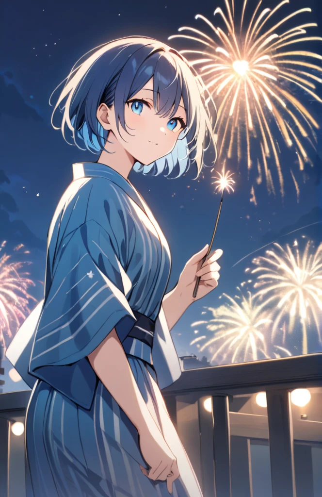 Blue hair, blue eyes, short hair, fireworks, yukata, boy