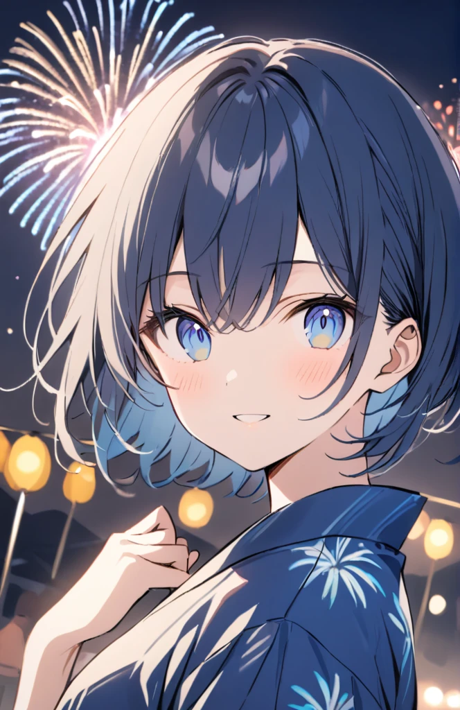 Blue hair, blue eyes, short hair, fireworks, yukata, boy