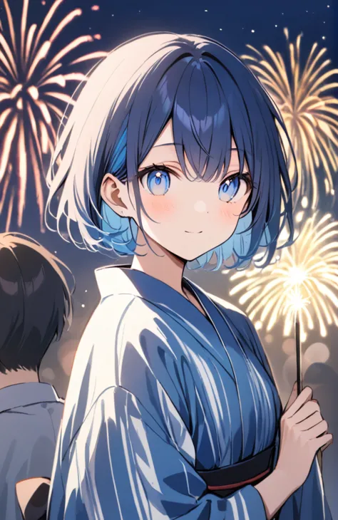 Blue hair, blue eyes, short hair, fireworks, yukata, boy
