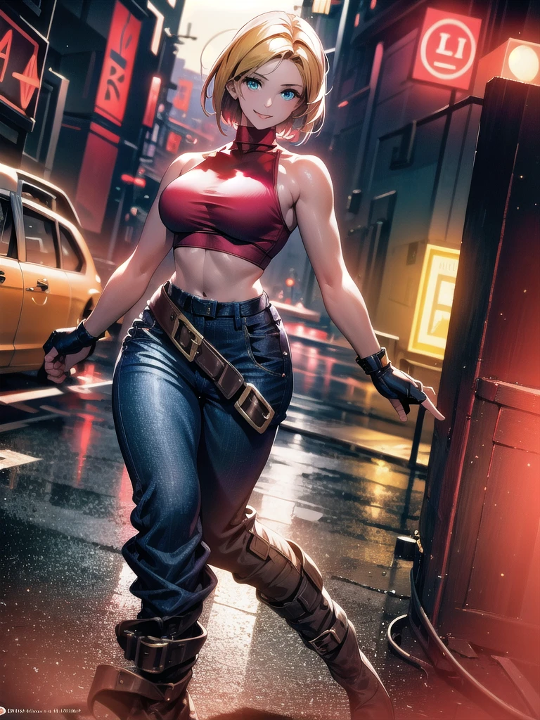 30 year old woman, alone, athletic, by the semi-cut ruby, she is wearing a tight red crop top, he wears blue jogger pants, has two belts, one small and the other a large belt hanging from his brown waist., wears blue fingerless gloves , he wears brown boots, smile at the viewer, points at the viewer, There is a little brown dog with white spots with her, high resolution, absurd, intricate, sharp focus, a New York alley in the background, Best Quality, Masterpiece, high resolution, Perfect picture, Very detailed, High contrast, Digital colors, simple, medium shot, cinematographic, ultra sharp focus, award-winning photography, perFect contrast, high sharpness, depth of field, ultra detailed photography, global illumination, fluid, ultra high definition, 8k, unreal engine 5, ultra-sharp focus, award-winning photography, Art Season Trends,