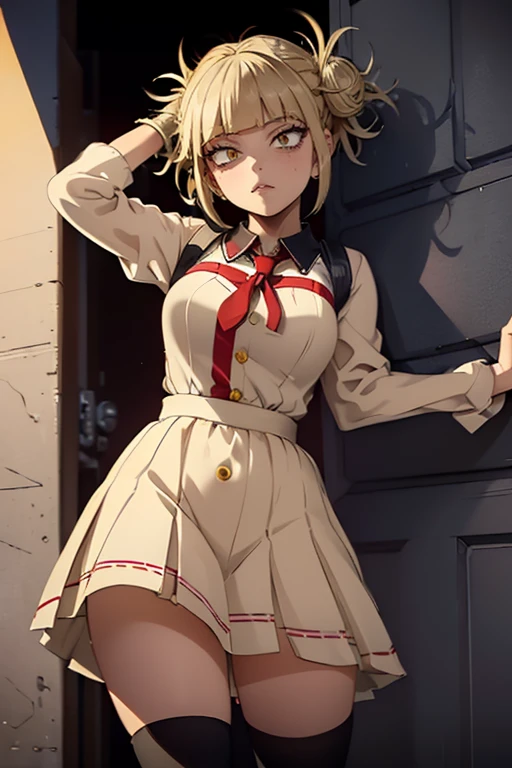 Himiko Toga, ,,(Alone),Himiko toga,(boku no hero academia),(short blonde hair with two messy pulps in her hair and yellow eyes with cat pupils),(Wearing),+,Wearing),+,(\A female character dressed in a short red dress with a super short and sensual skirt, fitted to the body, with white details on the cuffs and collar. She wears white gloves and a traditional red and white Christmas hat, completing the look with red boots.")/,+,(\Facing the front of the fourth wall looking at the fourth wall:1.5)/