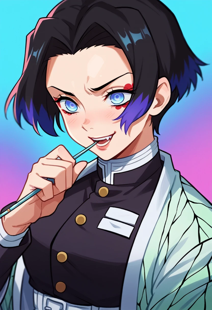 The drawing style should resemble that of Illuxxtrandy, with exaggerated and caricatured details, bold and expressive lines, and strong to outline the characters. The character, Inspired by the universe of Kimetsu no Yaiba/Demon Slayer, must have short black hair with a blue gradient, small, expressive light blue eyes, Um sorriso sutil, and a straight and elegant posture. The character is an oni hunter, wearing a black skirt. The angle must be frontal, highlighting a thin chin. The background should be simple so as not to distract from the main figure., maintaining a vibrant, expressive appearance with exaggerated features.