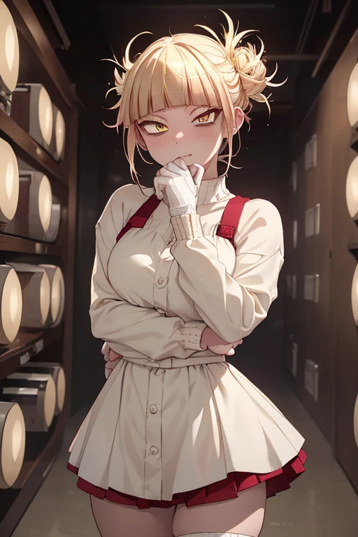 himiko toga, ,,(一人で),himiko toga,(boku no hero academia),(短いブロンドの髪に、髪に2つの乱れた毛束があり、猫の瞳孔を持つ黄色い目),(着用),+,着用),+,(\超短くてセクシーなスカートが付いた赤いショートドレスを着た女性キャラクター, 体にフィットする, 袖口と襟に白いディテールが施されています. 彼女は白い手袋と伝統的な赤と白のクリスマス帽子をかぶっています, 赤いブーツでスタイルを完成させる.")/,+,(\第四の壁の正面を向いて第四の壁を眺める:1.5)/ 