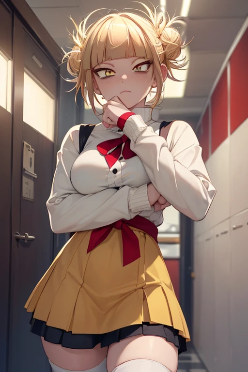 Himiko Toga, ,,(Alone),Himiko toga,(boku no hero academia),(short blonde hair with two messy pulps in her hair and yellow eyes with cat pupils),(Wearing),+,Wearing),+,(\A female character dressed in a short red dress with a super short and sensual skirt, fitted to the body, with white details on the cuffs and collar. She wears white gloves and a traditional red and white Christmas hat, completing the look with red boots.")/,+,(\Facing the front of the fourth wall looking at the fourth wall:1.5)/ 