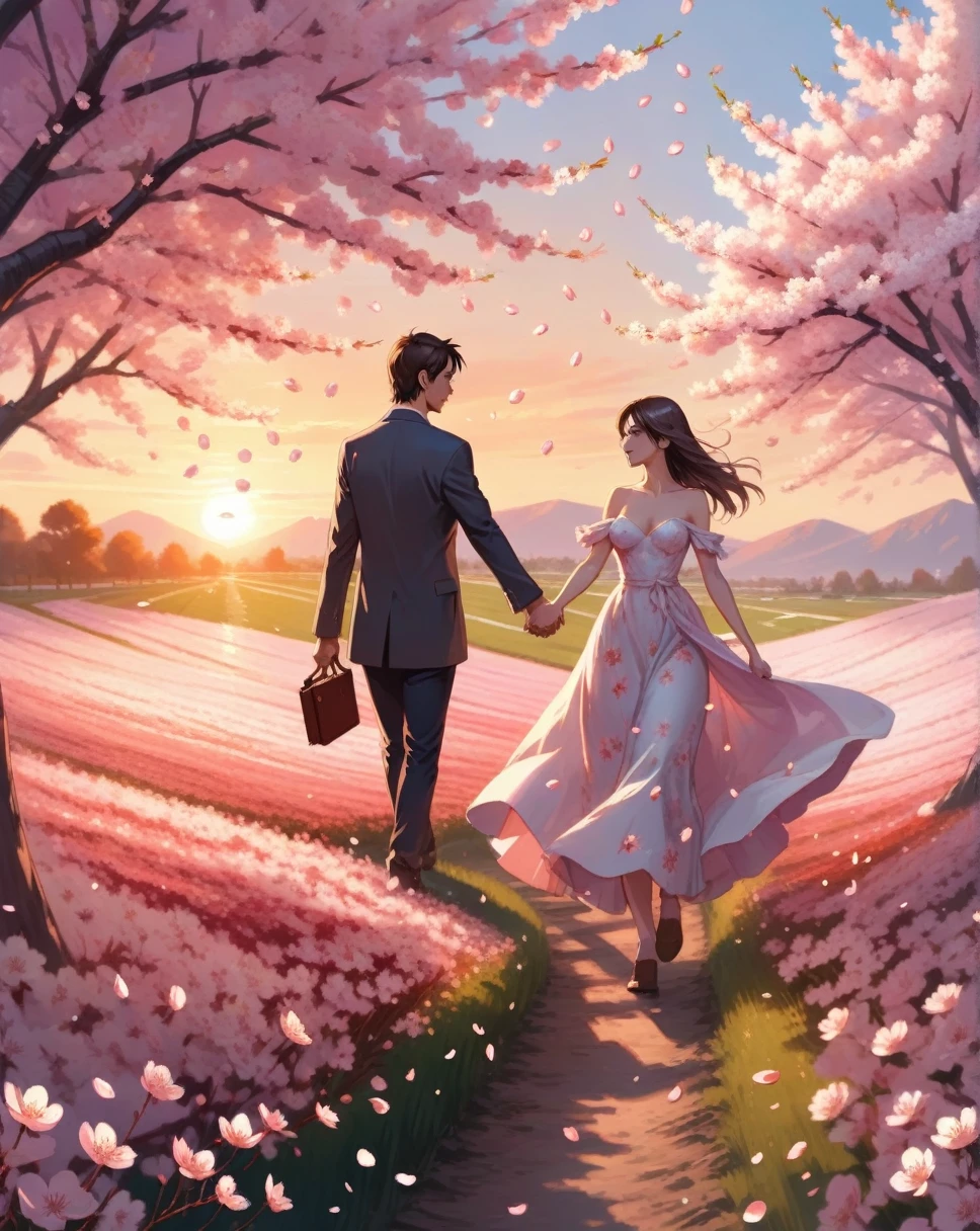 A very beautiful woman and a man at sunset in a flower field,Hand in hand,Falling cherry blossom petals, Extremely detailed, The character is completely in the picture