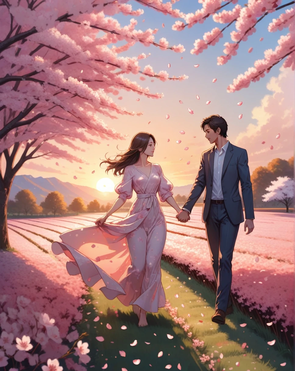 A very beautiful woman and a man at sunset in a flower field,Hand in hand,Falling cherry blossom petals, Extremely detailed, The character is completely in the picture