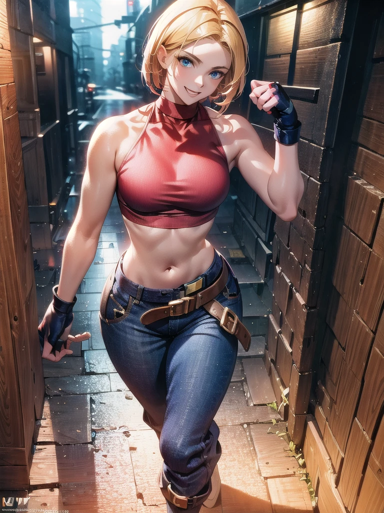 30 year old woman, alone, athletic, by the semi-cut ruby, she is wearing a tight red crop top, he wears blue jogger pants, has two belts, one small and the other a large belt hanging from his brown waist., wears blue fingerless gloves , he wears brown boots, smile at the viewer, points at the viewer, There is a little brown dog with white spots with her, high resolution, absurd, intricate, sharp focus, a New York alley in the background, Best Quality, Masterpiece, high resolution, Perfect picture, Very detailed, High contrast, Digital colors, simple, medium shot, cinematographic, ultra sharp focus, award-winning photography, perFect contrast, high sharpness, depth of field, ultra detailed photography, global illumination, fluid, ultra high definition, 8k, unreal engine 5, ultra-sharp focus, award-winning photography, Art Season Trends,
