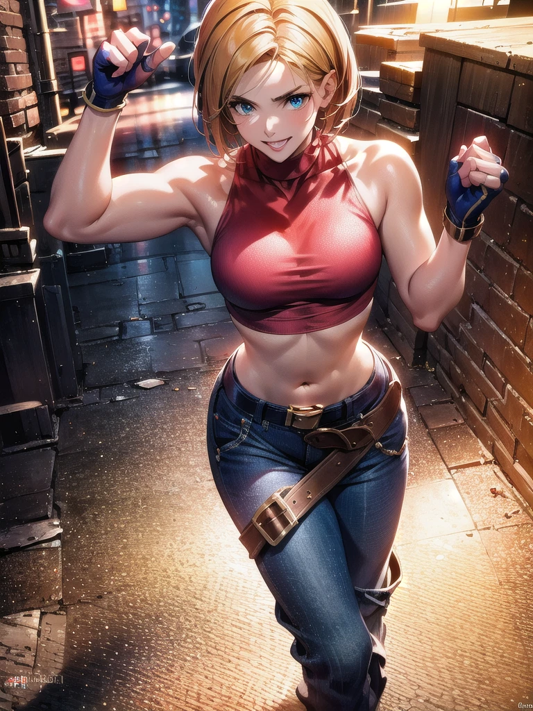 30 year old woman, alone, athletic, by the semi-cut ruby, she is wearing a tight red crop top, he wears blue jogger pants, has two belts, one small and the other a large belt hanging from his brown waist., wears blue fingerless gloves , he wears brown boots, smile at the viewer, points at the viewer, There is a little brown dog with white spots with her, high resolution, absurd, intricate, sharp focus, a New York alley in the background, Best Quality, Masterpiece, high resolution, Perfect picture, Very detailed, High contrast, Digital colors, simple, medium shot, cinematographic, ultra sharp focus, award-winning photography, perFect contrast, high sharpness, depth of field, ultra detailed photography, global illumination, fluid, ultra high definition, 8k, unreal engine 5, ultra-sharp focus, award-winning photography, Art Season Trends,
