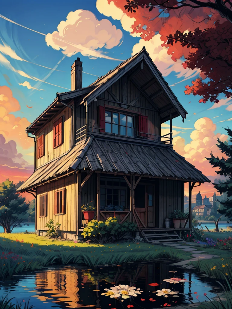 eine Hütte umgeben von Bäumen, line art, pretty Himmel, Wagen, Schatten, shade, Ghibli-Stil, Blumen, Stein, See, Betrachtung, keine Menschen, Landschaft, draußen, Himmel, Wolke, Gebäude, Zeichen, Haus, Fenster, Anlage, Wolkey Himmel, Busch, Sonnenuntergang, Meisterwerk, Hohe Auflösung 