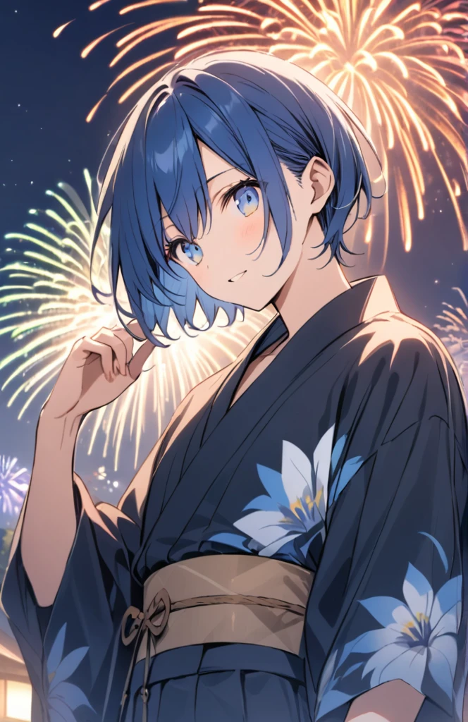 Blue hair, blue eyes, short hair, fireworks, yukata, boy