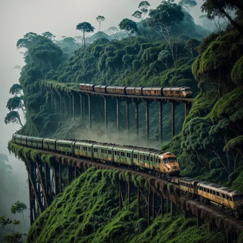 a rusty long train with a lion skull, in the amazon jungle, on the highest cliff, moss, fog, details, hyperrealistic, 16k