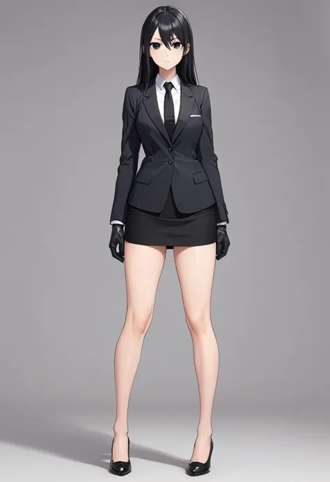 black miniskirt , black shoes , pencil skirt , whole body , thighs , black hair , black eyes , straight hair , blazer , black ti...