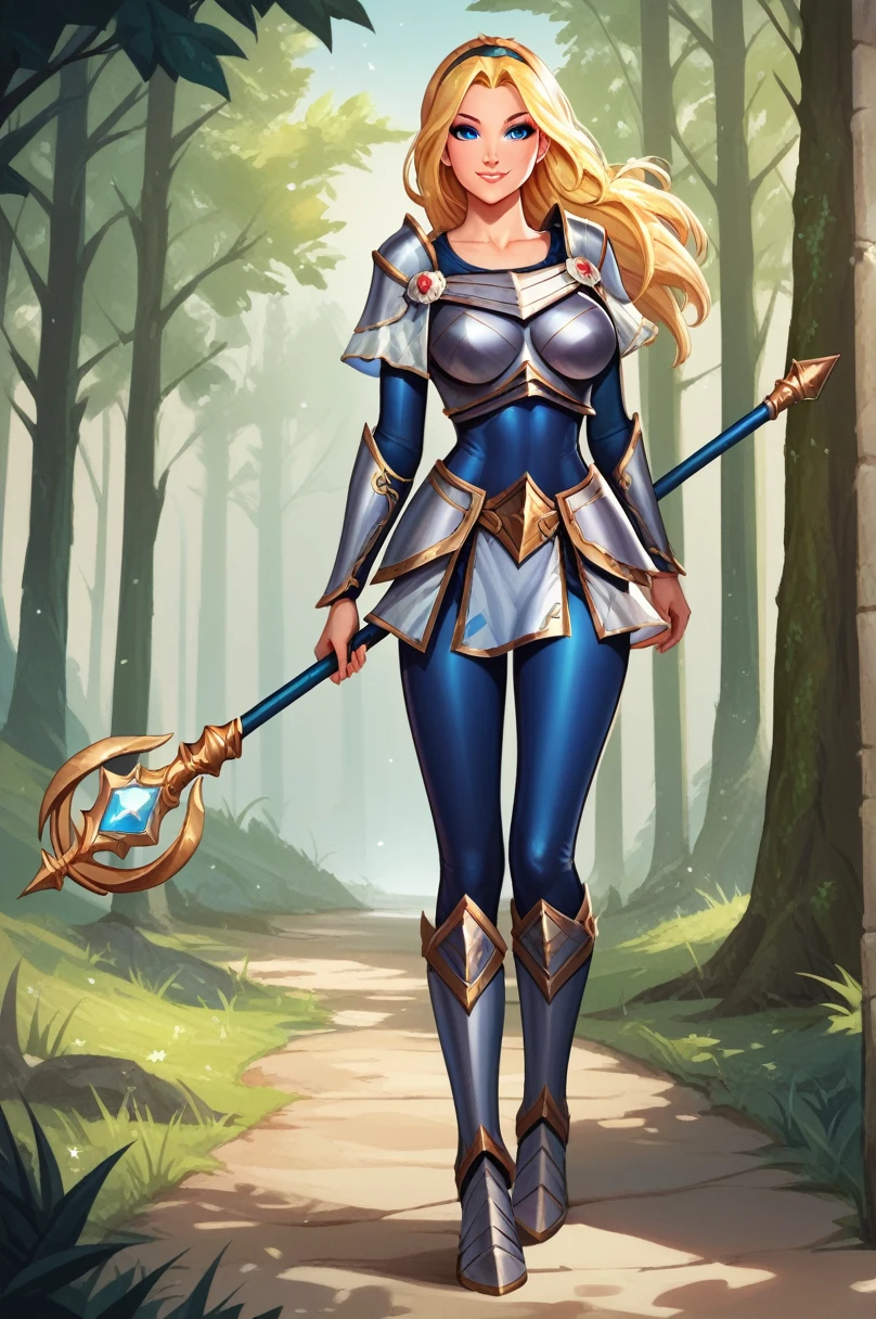 score_9, score_8_up, score_7_up, score_6_up, score_5_up, score_4_up, LuxLoLXL, blue eyes, blonde hair, long hair, hairband, big breasts, collarbone, shoulder armor, armor, blue bodysuit, breastplate, long sleeves, faulds, skirt, blue pants, armored boots, holding staff, solo, full body, standing, seductive smile, looking at viewer, forest, tree 