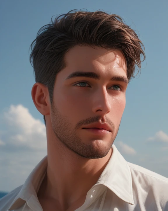 8k, handsome face, realistic, (natural lighting:studio lighting:0.5), sophisticated elegant mood, smudged, highly detailed, found footage, broad male shoulders, facial hair, cold, feel good, (best quality:1.5), portrait, wear white blouse, facial focus, Mischa_Janice, outdoors, blue sky, coconut,, (Artwork,best quality:1.5), zPDXL2