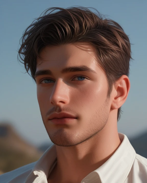 8k, handsome face, realistic, (natural lighting:studio lighting:0.5), sophisticated elegant mood, smudged, highly detailed, found footage, broad male shoulders, facial hair, cold, feel good, (best quality:1.5), portrait, wear white blouse, facial focus, Mischa_Janice, outdoors, blue sky, coconut,, (Artwork,best quality:1.5), zPDXL2