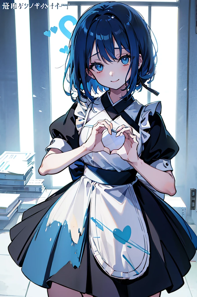 (1girl), blue hair, blue eyes, Maid Dress, (Messy Japanese Round Haircut for Thick Hair), (blue hair), ((solo)), (magazine:1.3), (cover-style:1.3), fashionable, spoken heart, heart hands, light smile, looking at viewer, very aesthetic, absurdres, rating: general, newest, anime coloring, anime screencap, megami magazine, masterpiece, best quality, loraeyes,