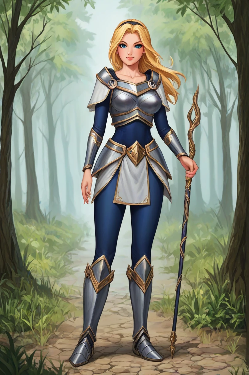 score_9, score_8_up, score_7_up, score_6_up, score_5_up, score_4_up, LuxLoLXL, blue eyes, blonde hair, long hair, hairband, big breasts, collarbone, shoulder armor, armor, blue bodysuit, breastplate, long sleeves, faulds, skirt, blue pants, armored boots, holding staff, solo, full body, standing, seductive smile, looking at viewer, forest, tree