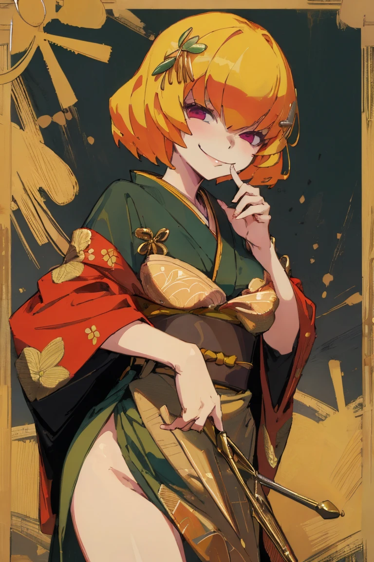 ((Highest quality)), ((masterpiece)), (be familiar with),Clementine,Overload,nsfw,kimono,Gorgeous green dress,Gold embroidery,hairpin,Captivating smile