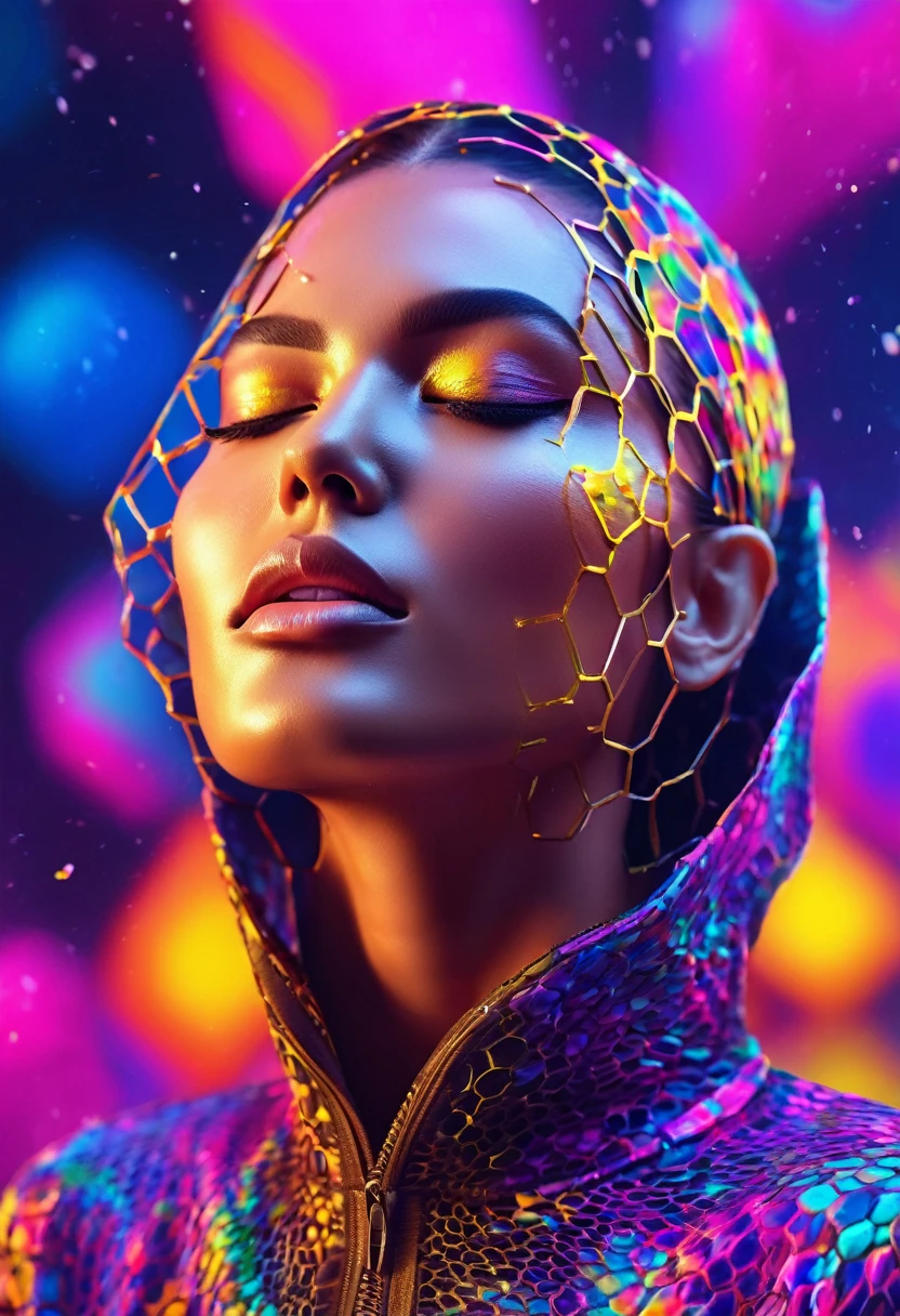 masterpiece,best quality,woman,closed eyes,  
 splashing,abstract,psychedelic,neon,(honeycomb pattern deepv v outfit),(creative:1.3),sy3,SMM,fantasy00d, ultra clear