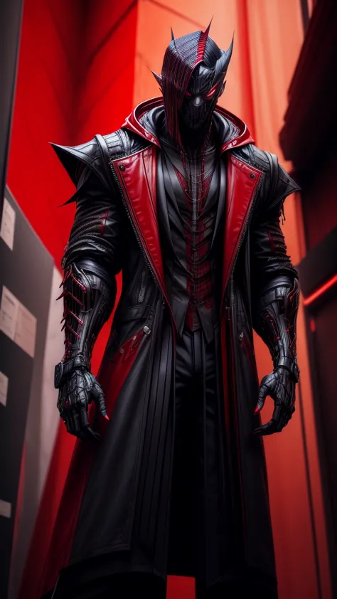 a man in a red jacket and black pants standing in a dark room, wearing cultist red robe, crimson attire, character from mortal k...