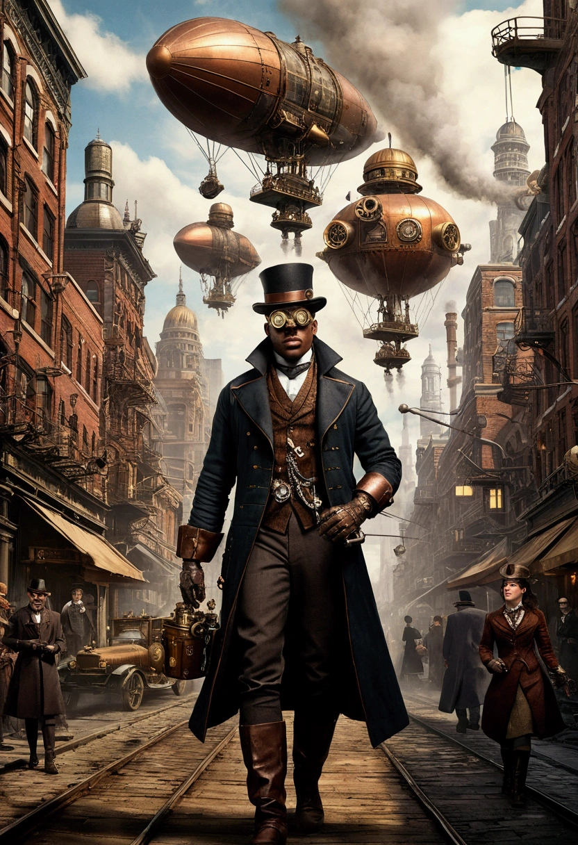 A breathtaking steampunk cityscape with towering buildings adorned with gears and steam pipes, airships floating in the sky, and a bustling street filled with people wearing Victorian-era attire with steampunk accessories. Include a central character wearing a leather coat, brass goggles, and mechanical arm, standing confidently with a backdrop of an industrial revolution.