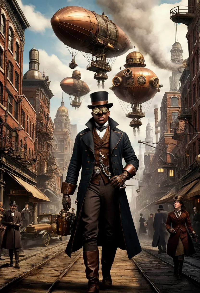 A breathtaking steampunk cityscape with towering buildings adorned with gears and steam pipes, airships floating in the sky, and...