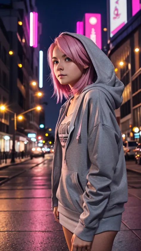 girl 21 years old, short shoulder-length hair, pink hair color, wearing a gray hoodie, taking a selfie, city street in the backg...