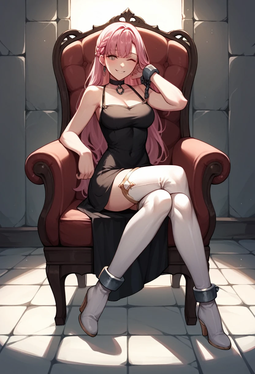 score_9, score_8_up, score_7_up, score_6_up, score_5_up, score_4_up, source_anime, 1woman, sit, chair, pink hair, long hair, close eyes, smile, choker, w-w-chain, lower arms, shackles, clean hair, black dress, white thigh high boots, dungeon, the solution, best quality, best res, 4K UHD,
 