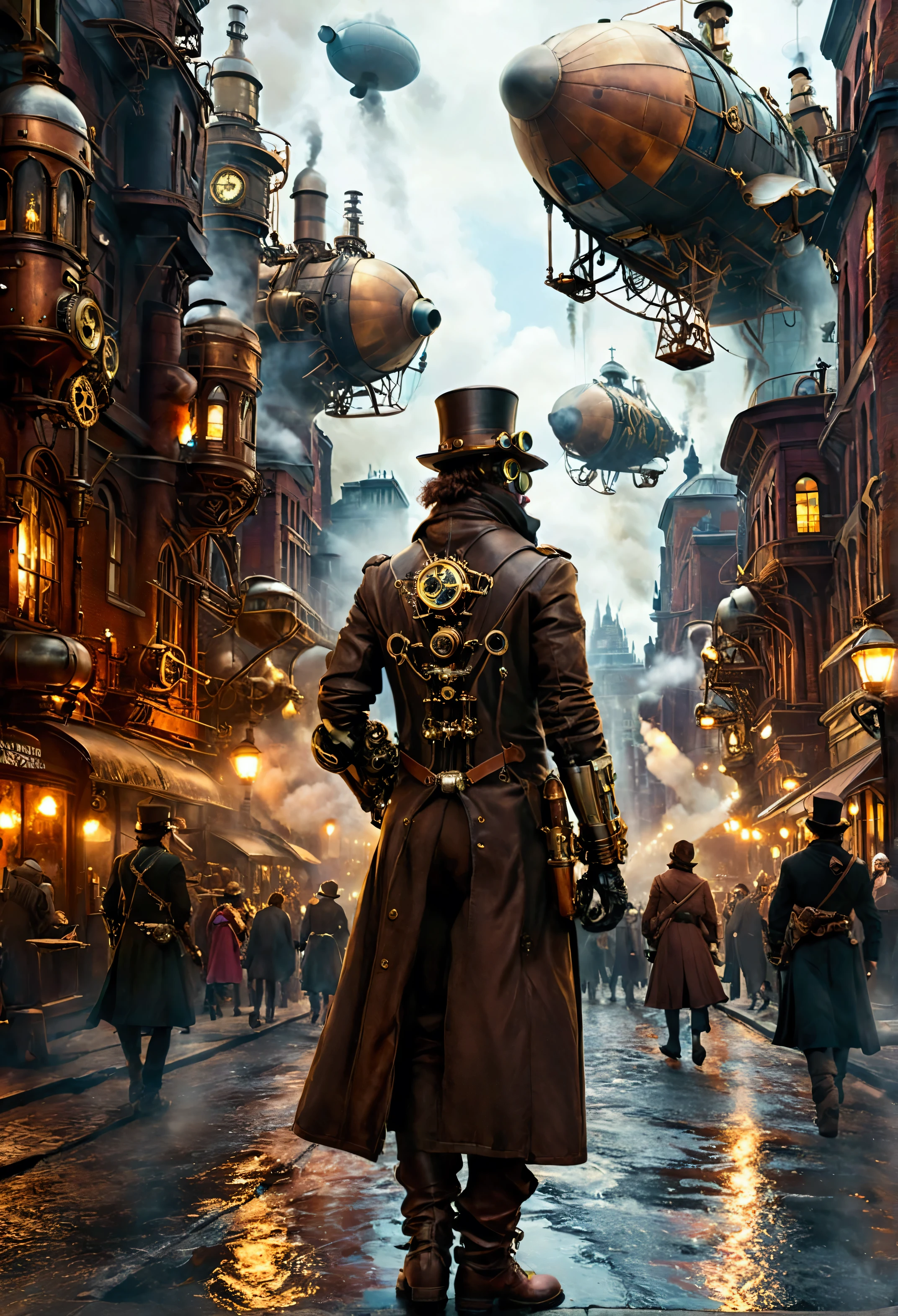 A breathtaking steampunk cityscape with towering buildings adorned with gears and steam pipes, airships floating in the sky, and a bustling street filled with people wearing Victorian-era attire with steampunk accessories. Include a central character wearing a leather coat, brass goggles, and mechanical arm, standing confidently with a backdrop of an industrial revolution.