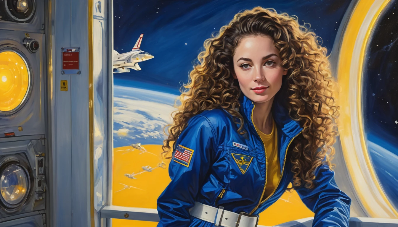 realistic acrylic art, vivid colors, lateral point of view, a beautiful european woman with long curly hair, looking at the viewer with suspicious face and a shy smile, she wears spacial blue jacket over glossy white jumpsuit, gloves, adjusting a sophisticated belt, dramatic yellow lights, background space station