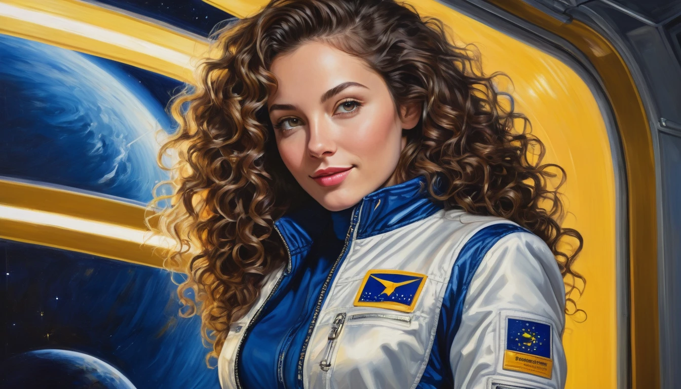 realistic acrylic art, vivid colors, lateral point of view, a beautiful european woman with long curly hair, looking at the viewer with suspicious face and a shy smile, she wears spacial blue jacket over glossy white jumpsuit, gloves, adjusting a sophisticated belt, dramatic yellow lights, background space station