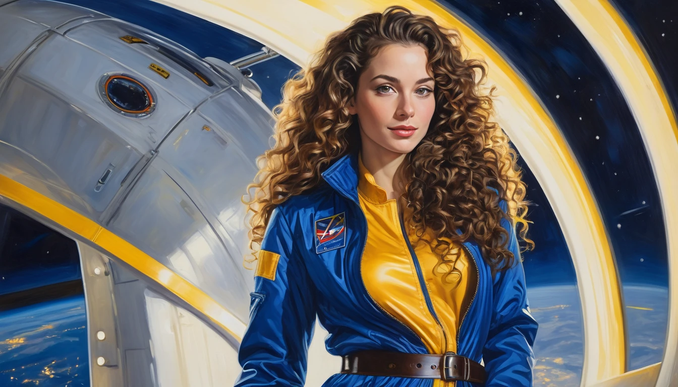 realistic acrylic art, vivid colors, lateral point of view, a beautiful european woman with long curly hair, looking at the viewer with suspicious face and a shy smile, she wears spacial blue jacket over glossy white jumpsuit, gloves, adjusting a sophisticated belt, dramatic yellow lights, background space station