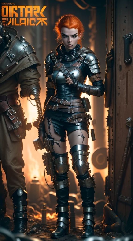 (((mulher))), (((melhor qualidade))), (((obra prima))), (((adulto))), A highly detailed and realistic skull girl,( Anya. Taylor Joy) cyberpunk character, mad max furiosa, one hand robot, cyborg arm, orange hair, dramatic metal heavy rock theme, best quality, 8k, hyperrealistic, photorealistic, extreme detailed painting, studio lighting, vivid colors, dark moody atmosphere, cinematic, dramatic pose, intricate mechanical details, glowing energy effects, intense gritty textures, seamless integration of organic and inorganic elements. Wearing the used clothes of a wastelander. Background: An apocalyptic wasteland. Dusty and depressing.
