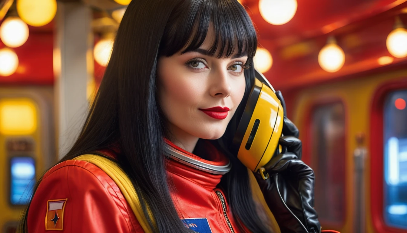 High-quality realistic acrylic art, vivid colors, lateral point of view, a beautiful vintage european woman with long black straight hair, bangs, looking at the viewer with suspicious face and a shy smile, she wears red vintage space suit, gloves, holding a sophisticated cell phone yellow lights, background space militar facilty