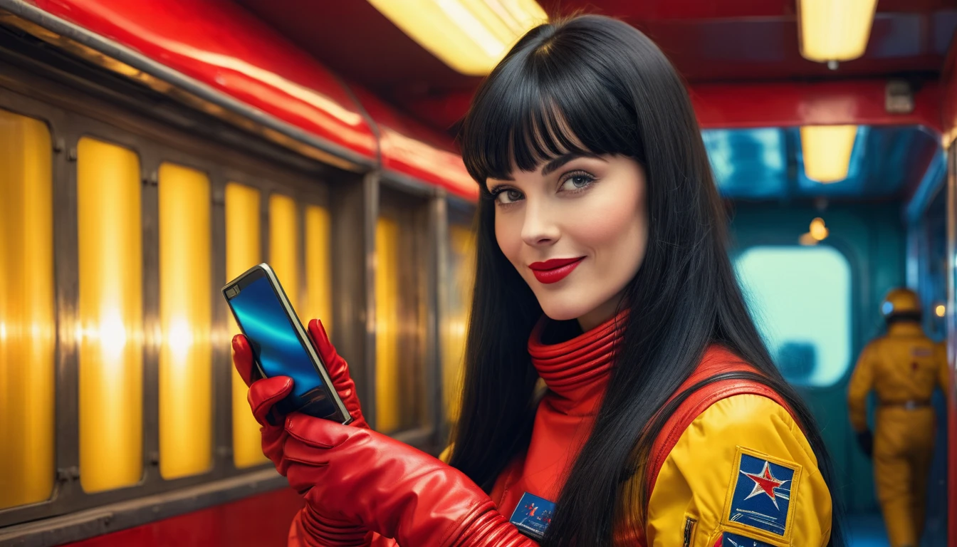 High-quality realistic acrylic art, vivid colors, lateral point of view, a beautiful vintage european woman with long black straight hair, bangs, looking at the viewer with suspicious face and a shy smile, she wears red vintage space suit, gloves, holding a sophisticated cell phone yellow lights, background space militar facilty