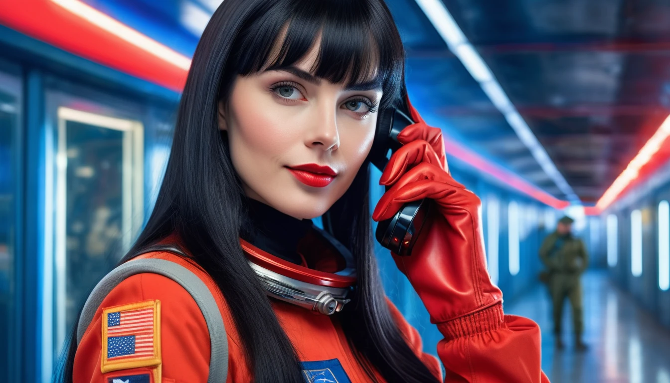 High-quality realistic acrylic art, vivid colors, lateral point of view, a beautiful vintage european woman with long black straight hair, bangs, looking at the viewer with suspicious face and a shy smile, she wears red space suit, gloves, holding a sophisticated cell phone, soft blue lights, background exterior of space militar facilty