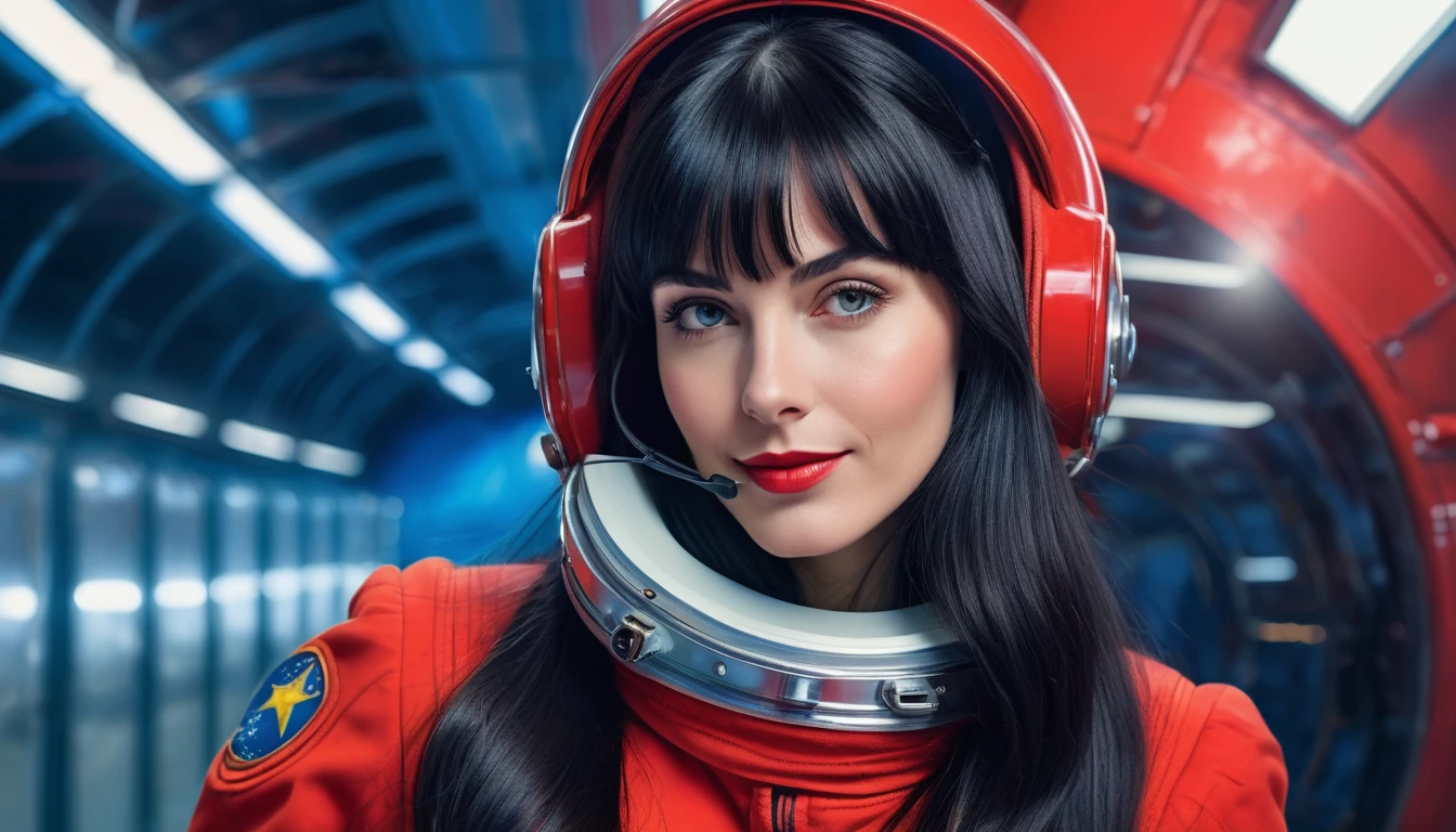 High-quality realistic acrylic art, vivid colors, lateral point of view, a beautiful vintage european woman with long black straight hair, bangs, looking at the viewer with suspicious face and a shy smile, she wears red space suit, gloves, holding a sophisticated cell phone, soft blue lights, background exterior of space militar facilty