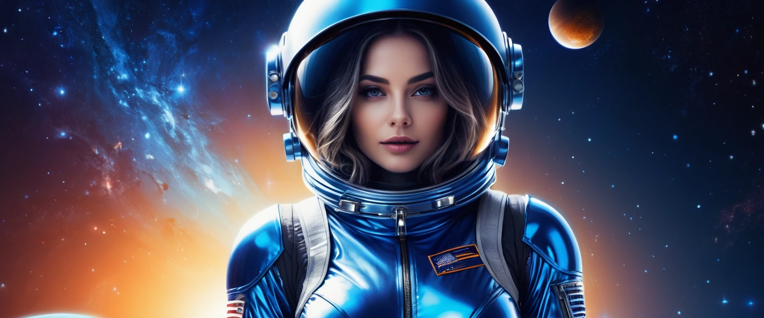 high contrast illustration, shades of blue colors, back point a view, a beautiful european woman, looking at the viewer with suspicious face and a shy smile, she wears shyne metalic space suit, hands in the waist, dramatic vivid lights, in deep space with a planet and sun