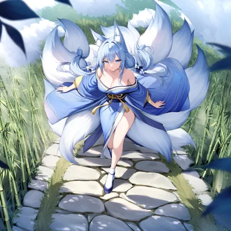 A woman in a long blue shoulderless kimono, breasts big, hair light blue, kitsune ears, Kitsune tails, multi tails, blue colored...