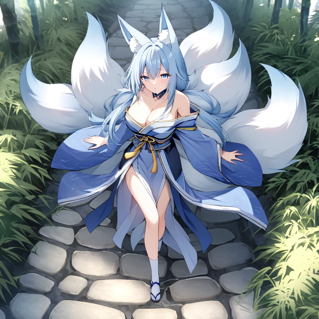 A woman in a long blue shoulderless kimono, breasts big, hair light blue, kitsune ears, Kitsune tails, multi tails, blue colored eyes, long white socks, walking on a stone road, with bamboo around her, whole body, I&#39;m dear ,,hdr, ultra resolution, well-defined, work of art, 8k hd. (woman alone)
