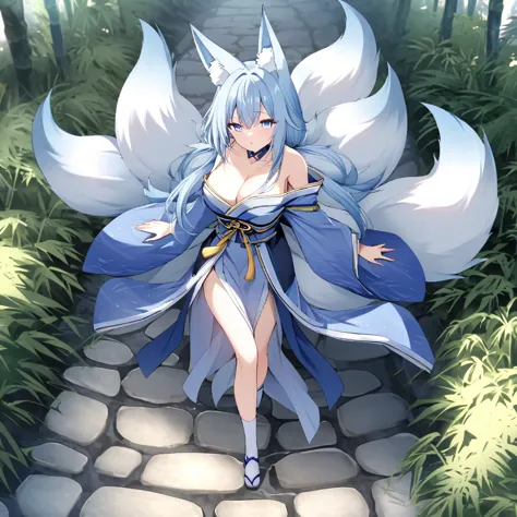 A woman in a long blue shoulderless kimono, breasts big, hair light blue, kitsune ears, Kitsune tails, multi tails, blue colored...
