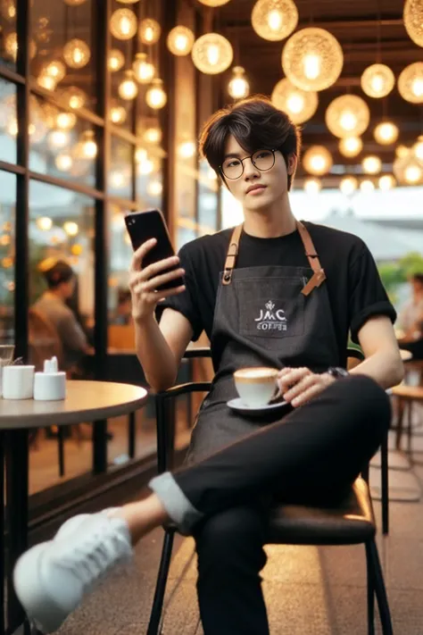 arafed man sitting in a chair holding a cell phone and a cup of coffee, jung jaehyun, male ulzzang, inspired by jeonseok lee, so...