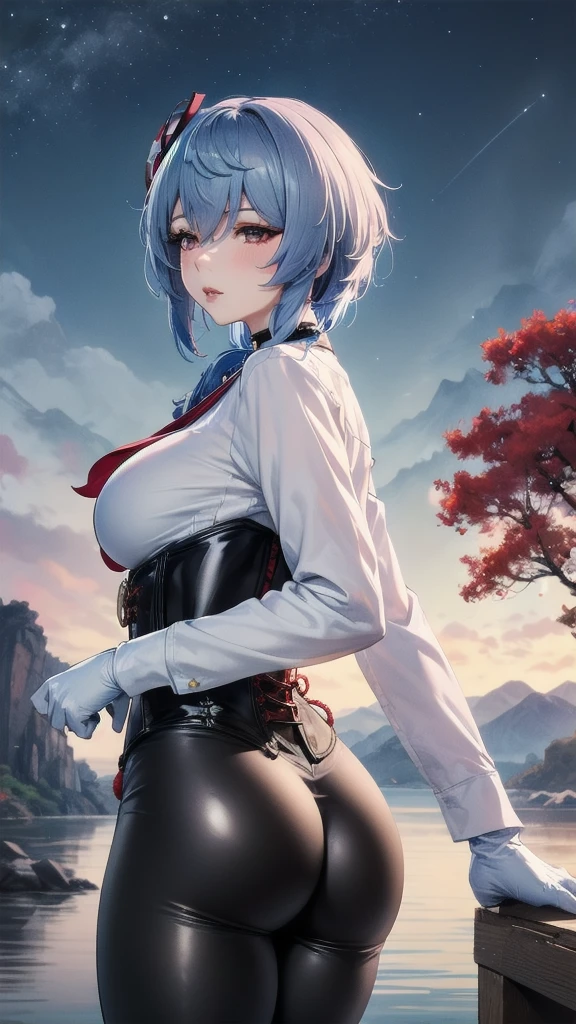 Masterpiece, Beautiful art, professional artist, 8k, sleeping expression, very detailed face, Detailed clothing, detailed fabric, 1 girl, Hiring, (genshin impact), view from behind, perfect ass, standing, perfectly drawn body, pale skin, shy expression, beautiful face, agregar cuernos de Hiring en la cabeza, Long sky blue hair, 4k eyes, very detailed eyes, pink cheeks, choker:1.6, (white long sleeve button down shirt with white collar), black gloves, gloves that cover hands, (black leather corset), (shiny black leggings), Sensual Lips, show details in the eyes, lake with chinese mountain in the background at night, at night starry night sky