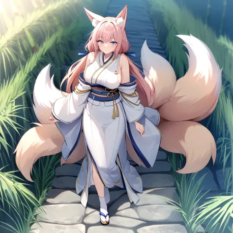 A woman in a long white shoulderless kimono, breasts big, light red hair, kitsune ears, Kitsune tails, multi tails, blue colored...