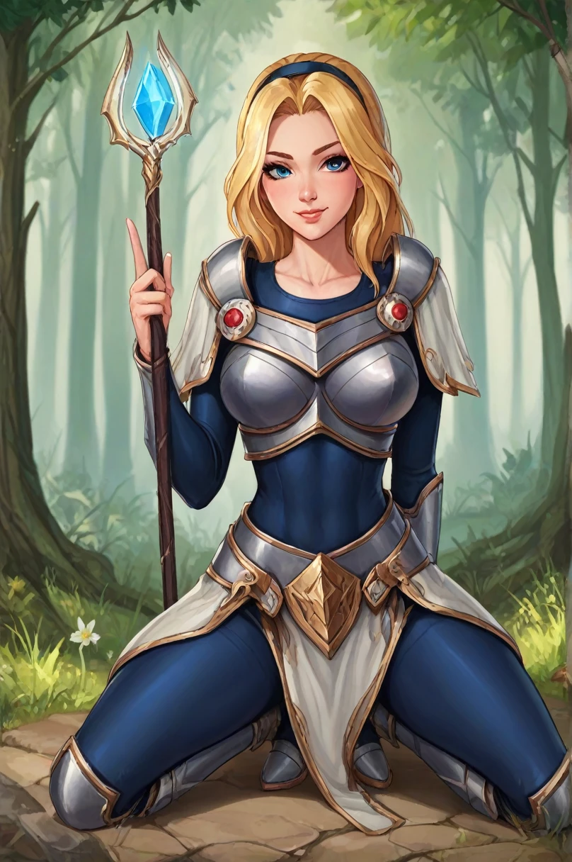 score_9, score_8_up, score_7_up, score_6_up, score_5_up, score_4_up, LuxLoLXL, blue eyes, blonde hair, long hair, hairband, big breasts, collarbone, shoulder armor, armor, blue bodysuit, breastplate, long sleeves, faulds, skirt, blue pants, armored boots, holding staff, solo, full body, standing, seductive smile, looking at viewer, forest, tree ,sitting on knees,peace sign

