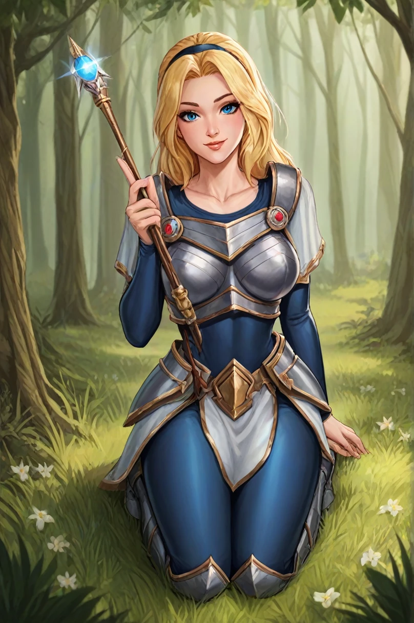 score_9, score_8_up, score_7_up, score_6_up, score_5_up, score_4_up, LuxLoLXL, blue eyes, blonde hair, long hair, hairband, big breasts, collarbone, shoulder armor, armor, blue bodysuit, breastplate, long sleeves, faulds, skirt, blue pants, armored boots, holding staff, solo, full body, standing, seductive smile, looking at viewer, forest, tree ,sitting on knees,peace sign

