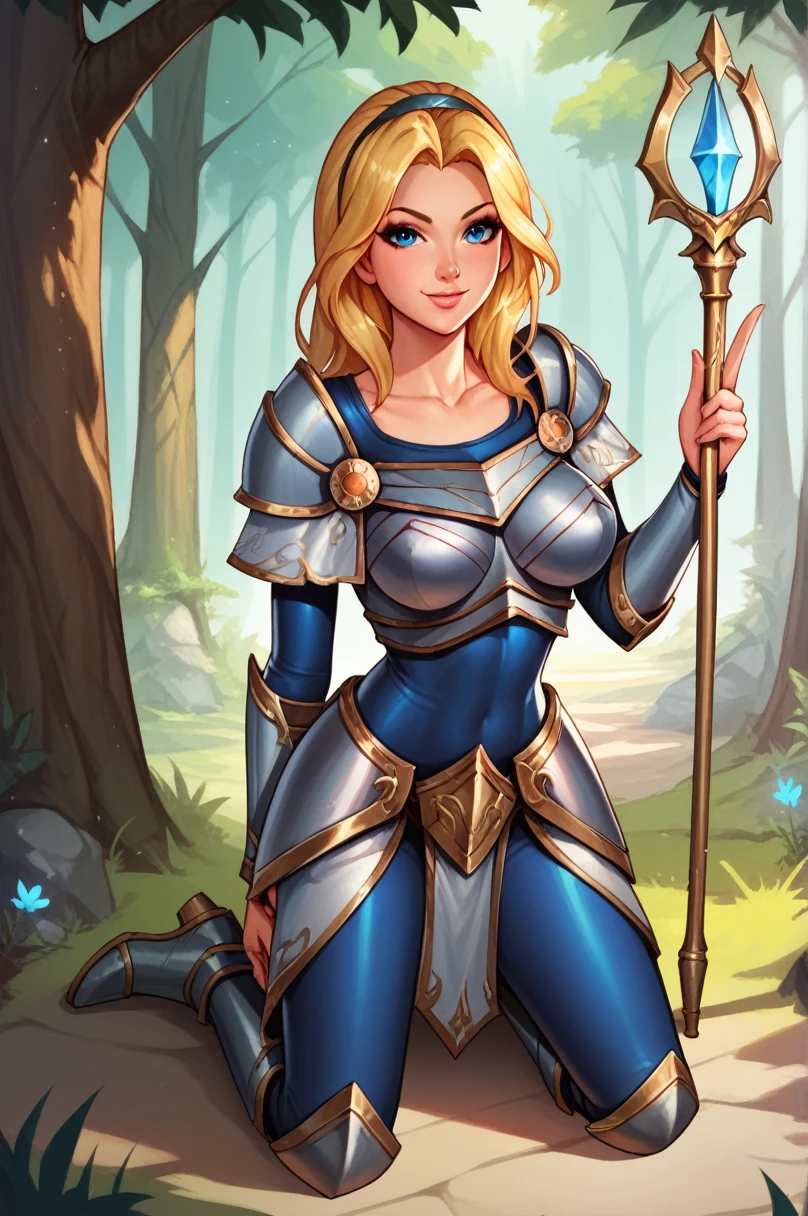 score_9, score_8_up, score_7_up, score_6_up, score_5_up, score_4_up, LuxLoLXL, blue eyes, blonde hair, long hair, hairband, big breasts, collarbone, shoulder armor, armor, blue bodysuit, breastplate, long sleeves, faulds, skirt, blue pants, armored boots, holding staff, solo, full body, standing, seductive smile, looking at viewer, forest, tree ,sitting on knees,peace sign

