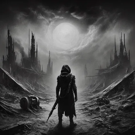 a dark moody black metal scene, black and white, cloudy black sky, ruined martian spaceport, 1boy, detailed face, eerie atmosphe...