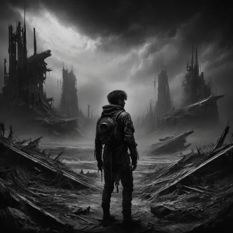 a dark moody black metal scene, black and white, cloudy black sky, ruined martian spaceport, 1boy, detailed face, eerie atmosphe...