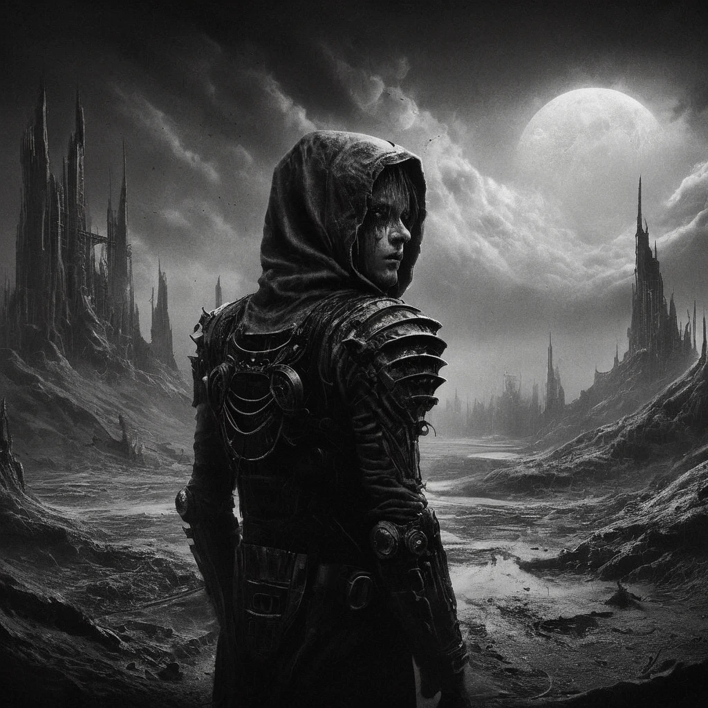 a dark moody black metal scene, black and white, cloudy black sky, ruined martian spaceport, 1boy, detailed face, eerie atmosphere, moody lighting, dramatic composition, cinematic, dark fantasy, dystopian, digital art, concept art, dark sci-fi, highly detailed, hyper realistic, 8k, octane render, cinematic lighting, dramatic shadows, dramatic angles, dark and gritty, brooding, ominous, foreboding, imposing, monumental, cold color palette, desaturated, muted tones, gloomy, moody, atmospheric, surreal, nightmarish, unsettling, ominous, enigmatic, mysterious, gothic, industrial, futuristic, post-apocalyptic, dystopian, bleak, desolate, abandoned, decaying, crumbling, decaying, worn, weathered, rusted, dirty, grimy, gritty, cinematic framing, dramatic lighting, high contrast, deep shadows, chiaroscuro, dramatic composition, striking, impactful, powerful, epic, grand, sweeping, majestic, awe-inspiring, breathtaking, stunning, magnificent, incredible detail, hyper realistic, photorealistic, masterpiece